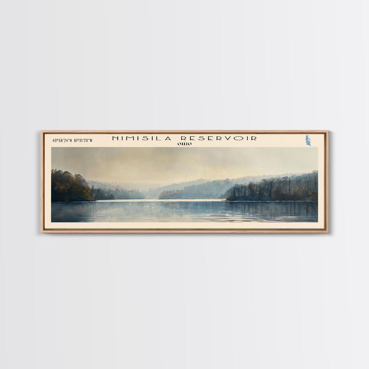 Nimisila Reservoir Ohio Framed Canvas Print, Lake House Decor, Panoramic Wall Art, Travel Poster, Beautiful Landscape Painting, Living Room Decor