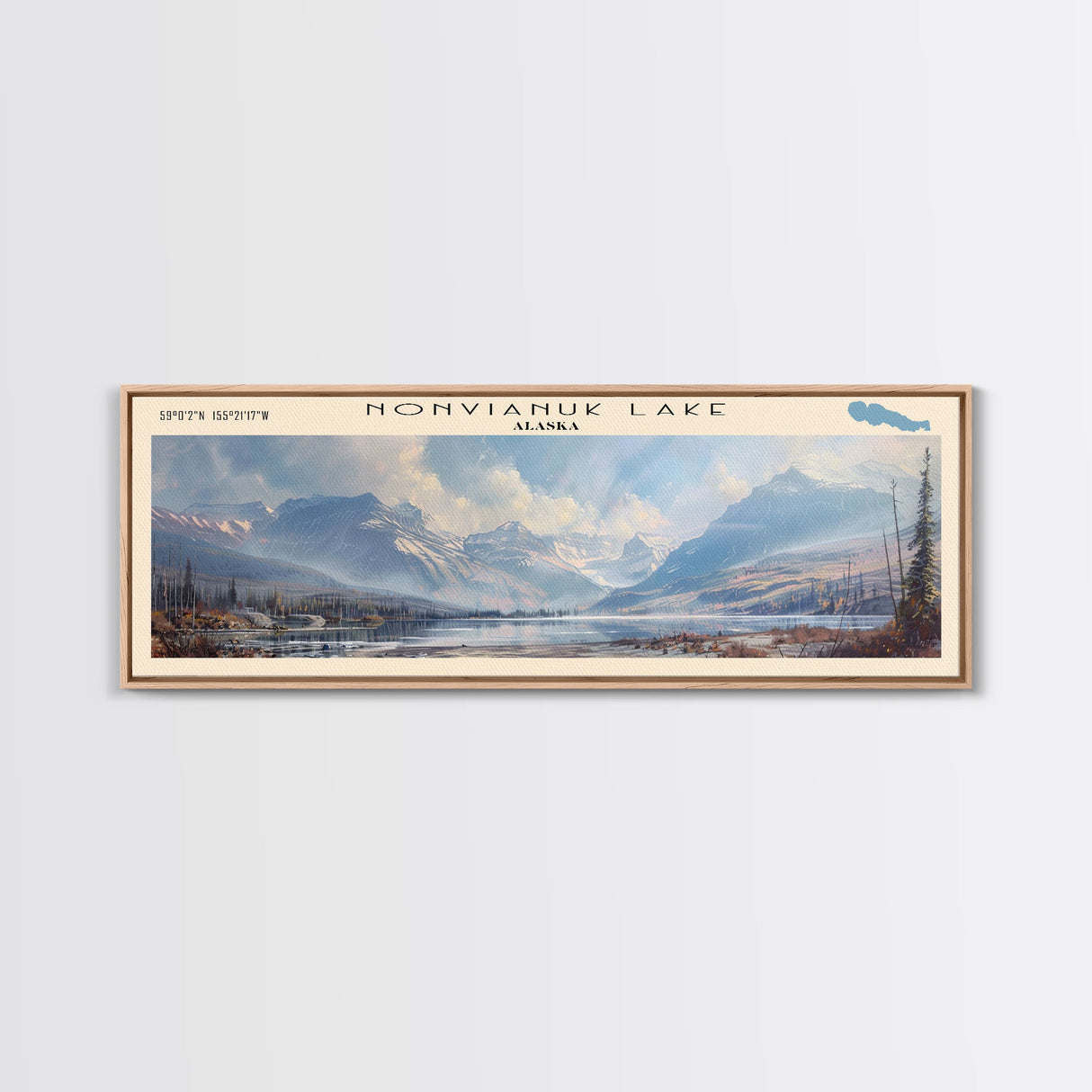 Nonvianuk Lake Framed Canvas Print, Lake House Decor, Panoramic Wall Art, Travel Poster, Scenic Landscape Painting, Contemporary Art