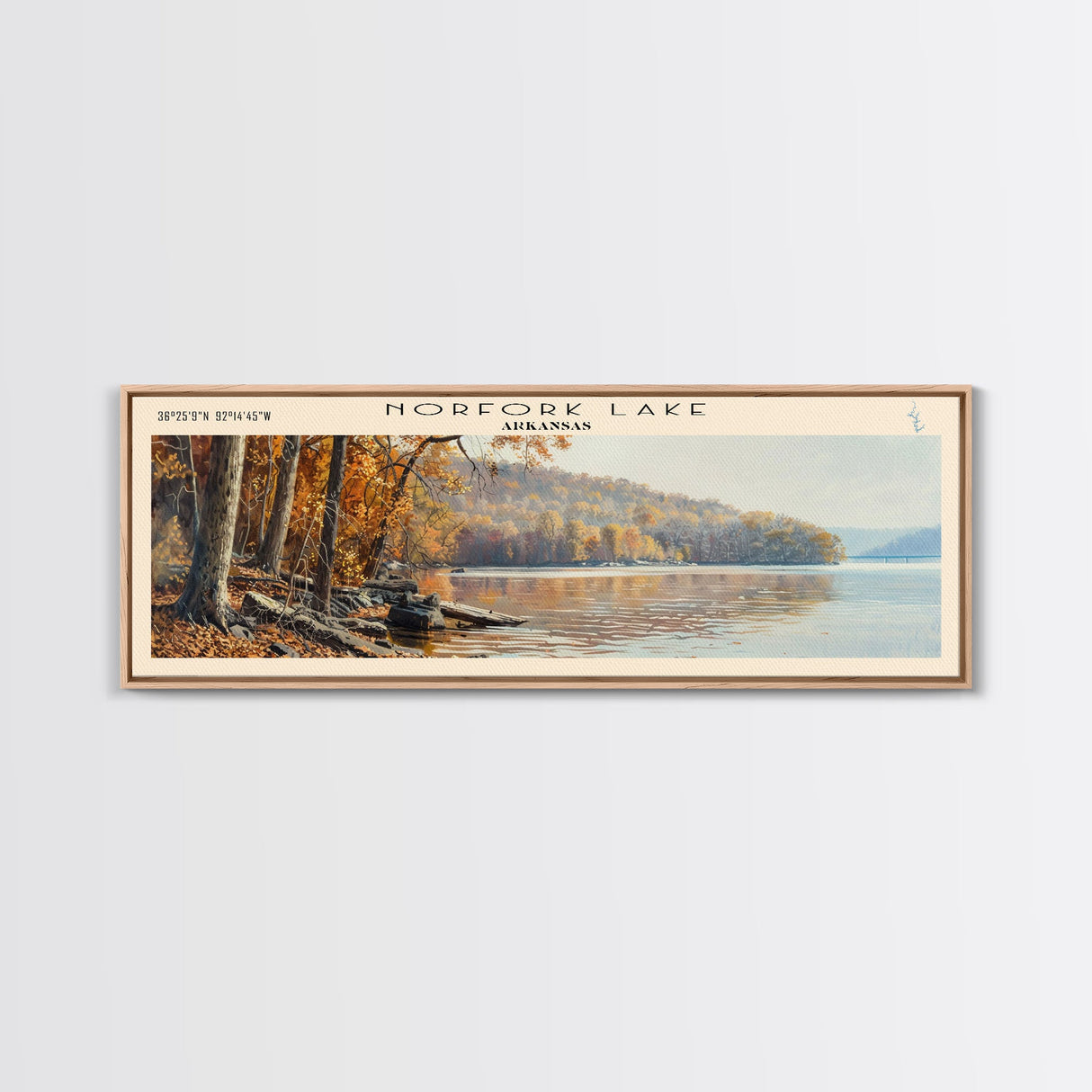 Norfork Lake Arkansas Framed Canvas Print, Lake House Decor, Panoramic Wall Art, Travel Poster, Landscape Painting, Bedroom Decor