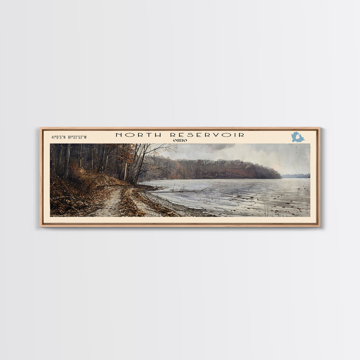 North Reservoir Ohio Framed Canvas Print, Lake House Decor, Panoramic Wall Art, Travel Poster, Landscape Painting, Contemporary Art