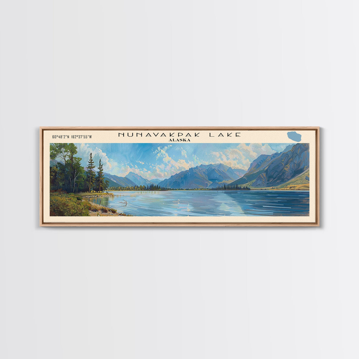 Nunavakpak Lake Framed Canvas Print, Lake House Decor, Panoramic Wall Art, Travel Poster, Scenic Landscape Painting, Contemporary Art