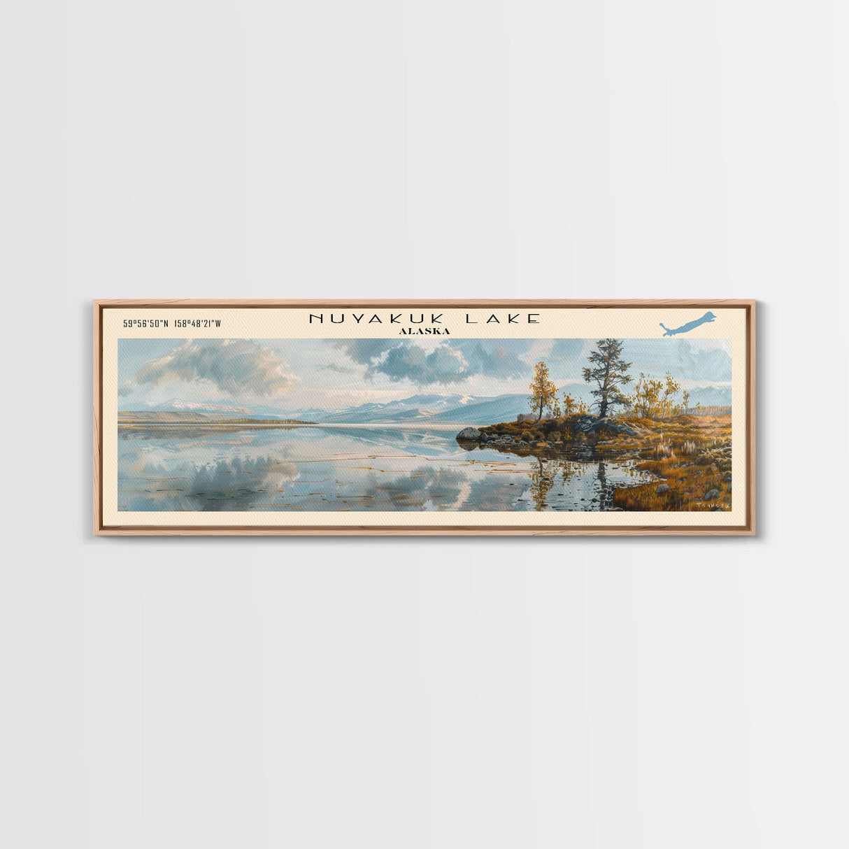 Nuyakuk Lake Framed Canvas Print, Lake House Decor, Panoramic Wall Art, Travel Poster, Beautiful Landscape Painting, Living Room Decor