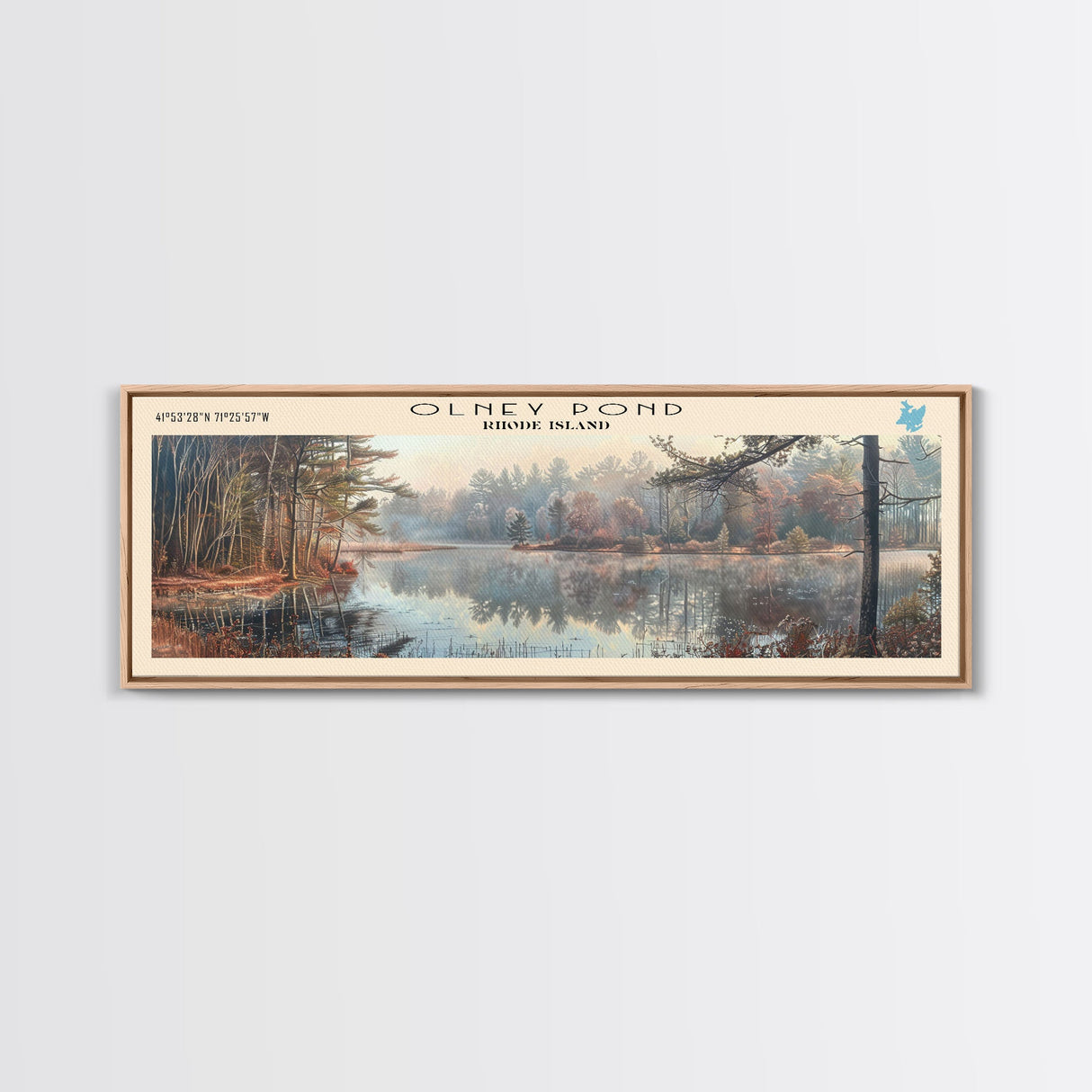 Olney Pond Rhode Island Framed Canvas Print, Lake House Decor, Panoramic Wall Art, Travel Poster, Landscape Painting, Bedroom Decor