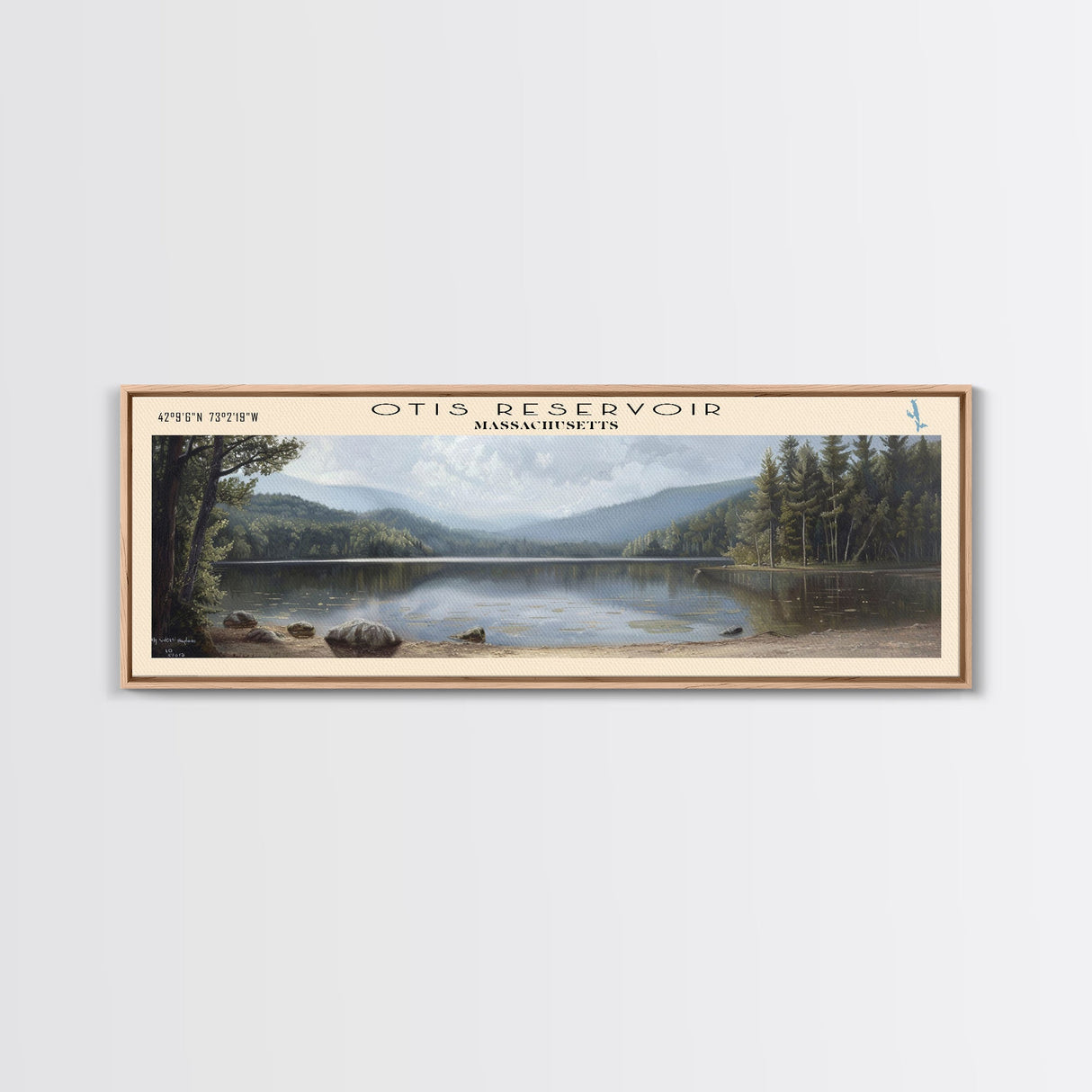 Otis Reservoir Massachusetts Framed Canvas Print, Lake House Decor, Panoramic Wall Art, Travel Poster, Landscape Painting, Bedroom Decor