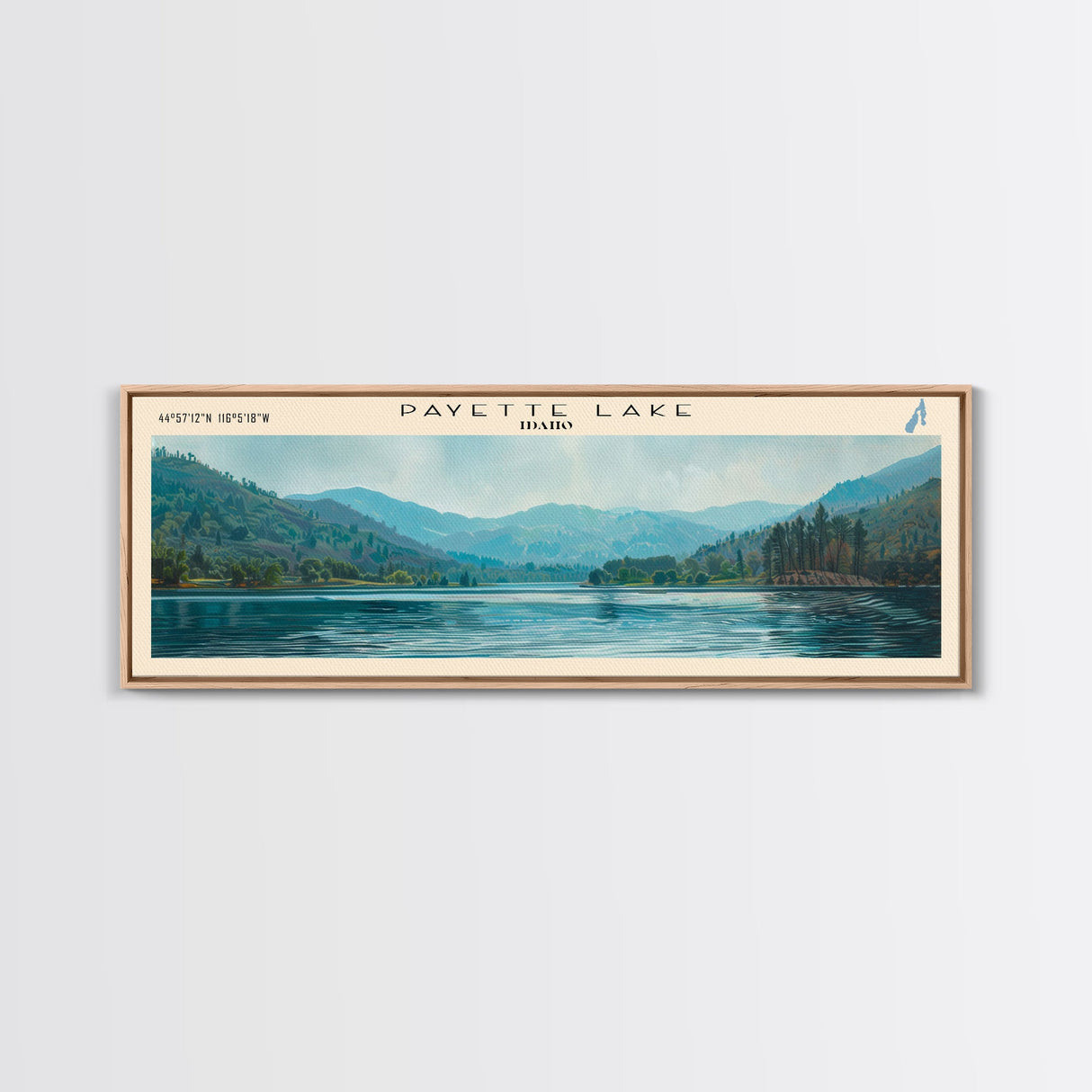 Payette Lake Idaho Framed Canvas Print, Lake House Decor, Panoramic Travel Poster, Landscape Painting, Modern Art