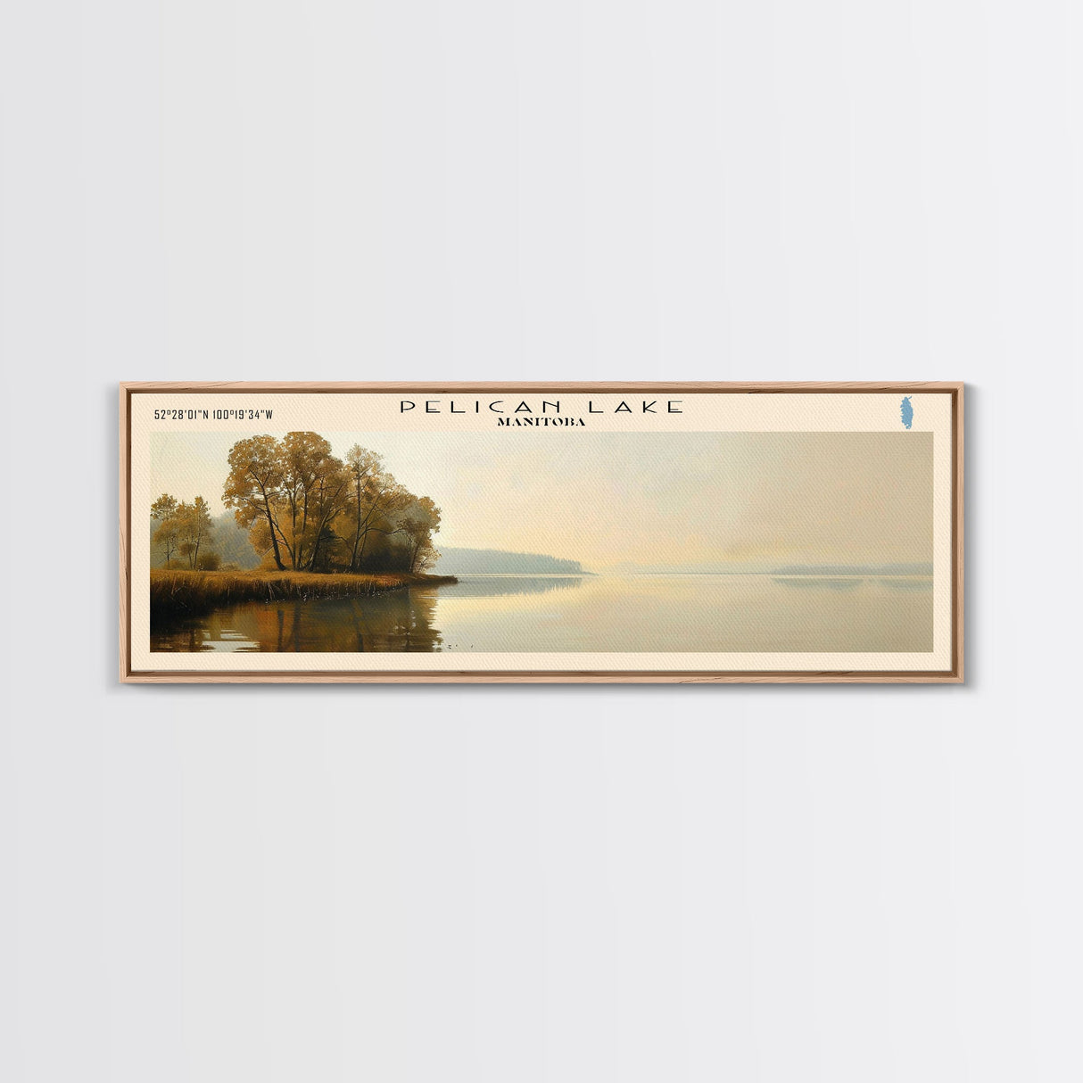 Pelican Lake Framed Canvas Print, Lake House Decor, Panoramic Wall Art, Travel Poster, Scenic Landscape Painting, Contemporary Art