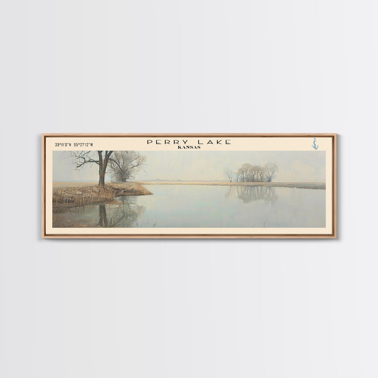 Perry Lake Kansas Framed Canvas Print, Lake House Decor, Panoramic Wall Art, Travel Poster, Beautiful Landscape Painting, Living Room Decor