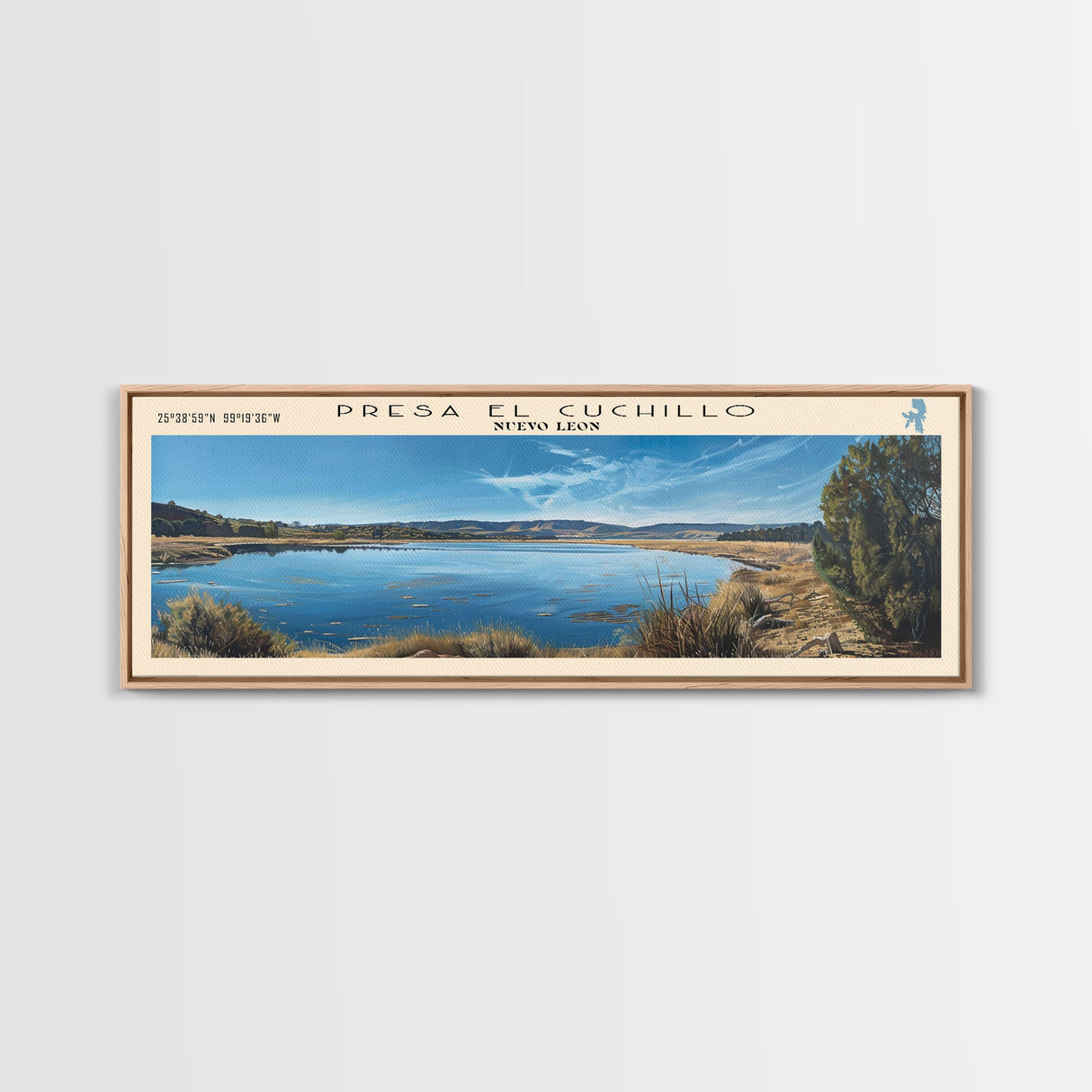 Presa El Cuchillo Lake Framed Canvas Print, Lake House Decor, Panoramic Wall Art, Travel Poster, Beautiful Landscape Painting, Contemporary Art