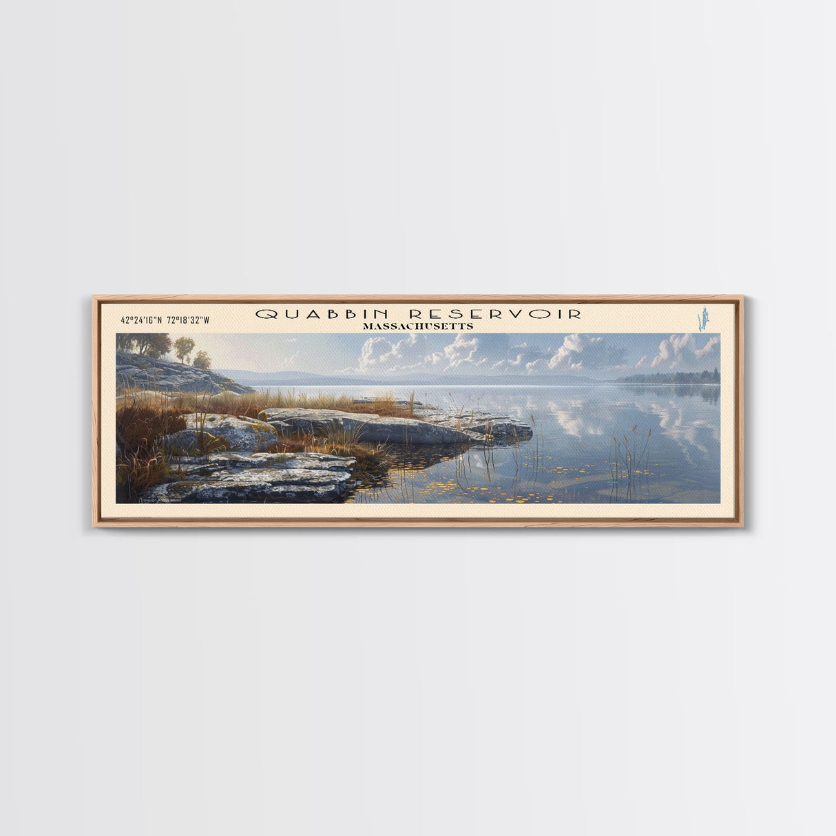 Quabbin Reservoir Massachusetts Framed Canvas Print, Lake House Decor, Panoramic Wall Art, Travel Poster, Beautiful Landscape Painting, Contemporary Art