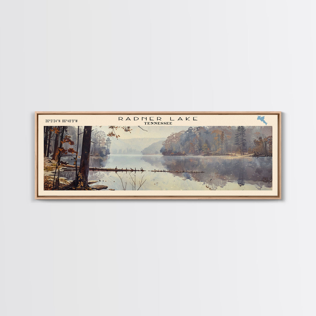 Radner Lake Tennessee Framed Canvas Print, Lake House Decor, Wall Art, Panoramic Travel Poster, Scenic Wall Art, Living Room Decor