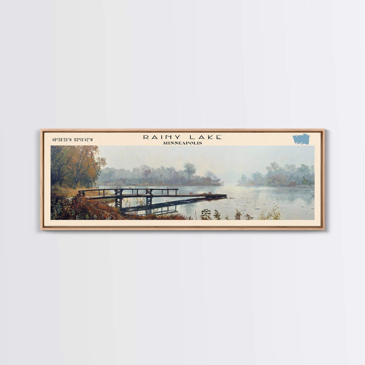 Rainy Lake Minneapolis Framed Canvas Print, Lake House Decor, Panoramic Wall Art, Travel Poster, Beautiful Landscape Painting, Modern Art