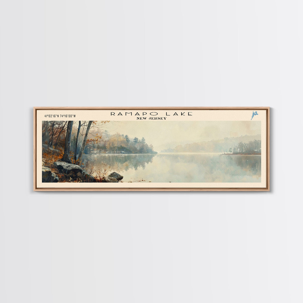 Ramapo Lake New Jersey Framed Canvas Print, Lake House Decor, Panoramic Wall Art, Travel Poster, Scenic Landscape Painting, Contemporary Art