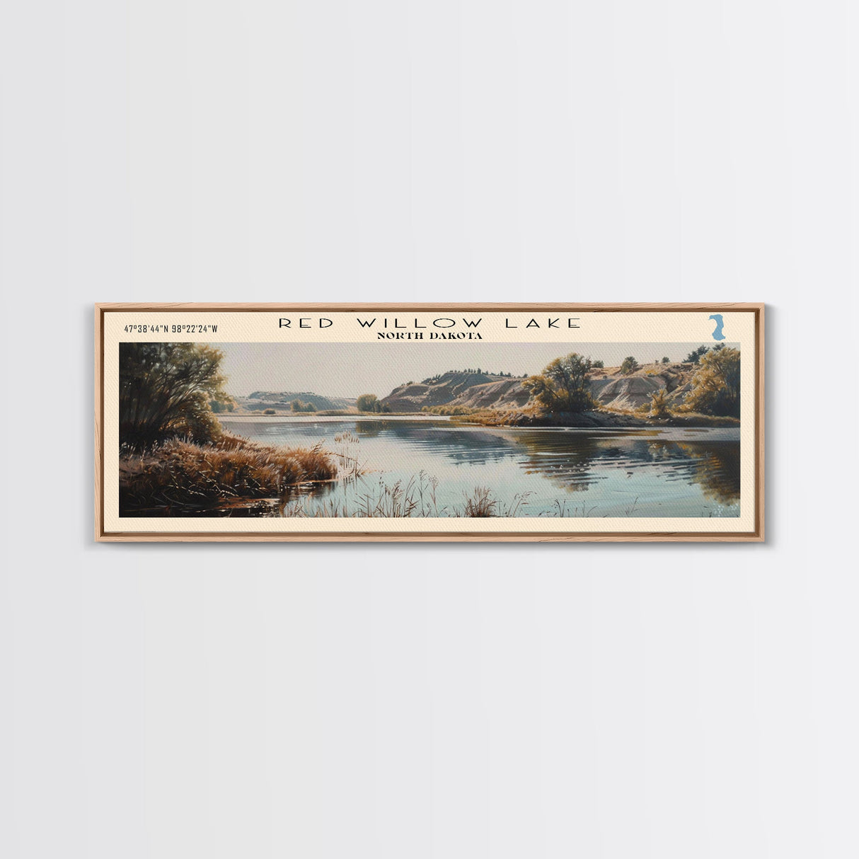 Red Willow Lake North Dakota Framed Canvas Print, Lake House Decor, Wall Art, Panoramic Travel Poster, Scenic Landscape Painting, Bedroom Decor