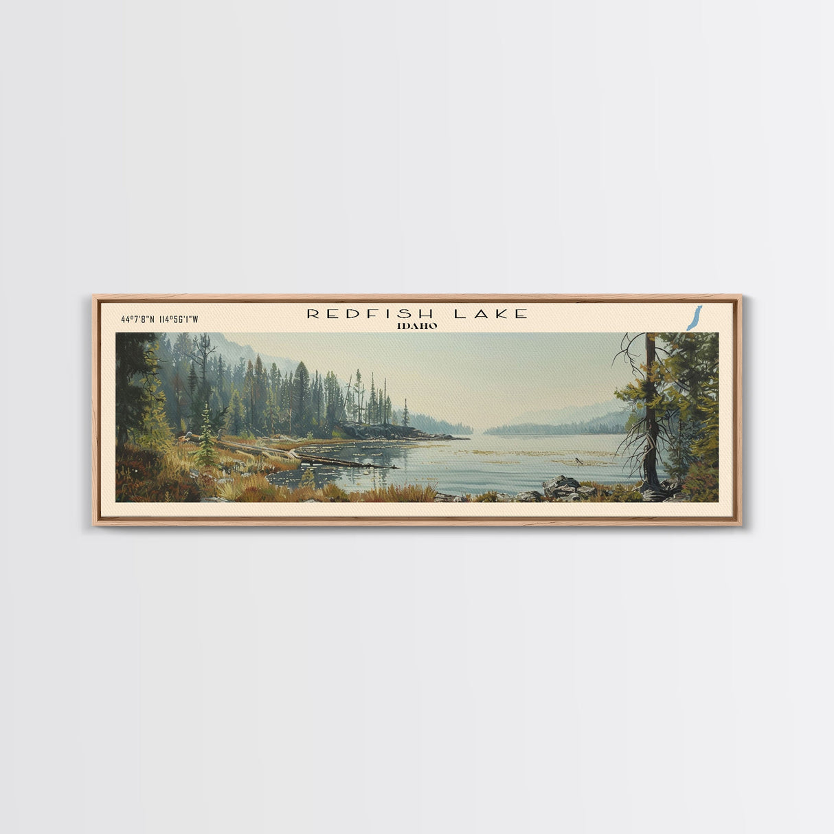 Redfish Lake Idaho Framed Canvas Print, Lake House Decor, Panoramic Wall Art, Travel Poster, Beautiful Landscape Painting, Living Room Decor