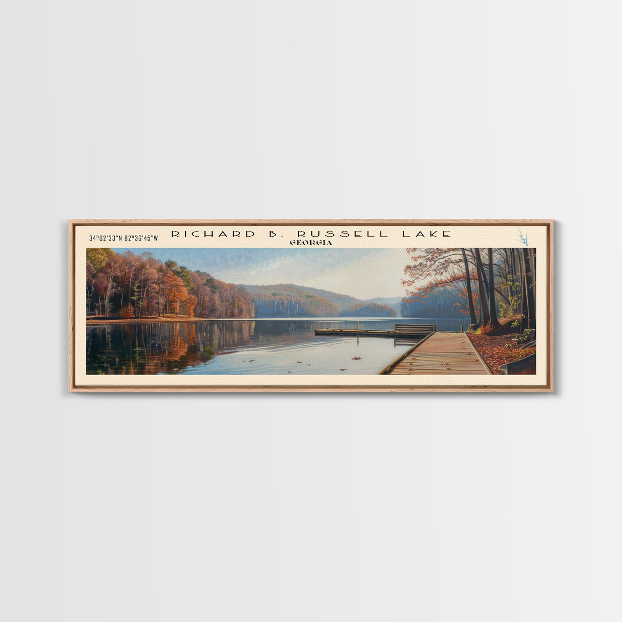 Richard B. Russell Lake Georgia Framed Canvas Print, Lake House Decor, Wall Art, Panoramic Travel Poster, Scenic Landscape Painting, Bedroom Decor