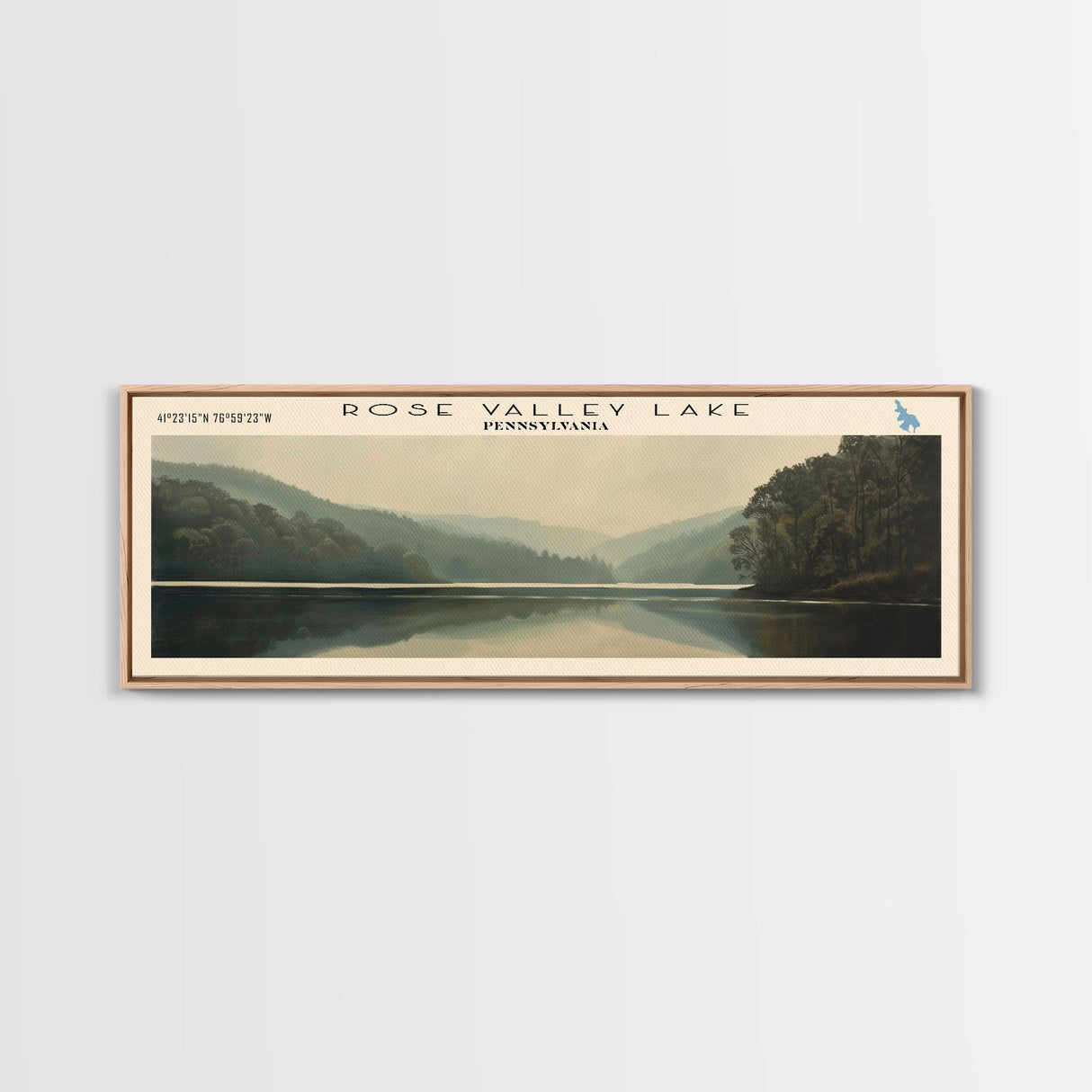 Rose Valley Lake Pennsylvania Framed Canvas Print, Lake House Decor, Panoramic Wall Art, Travel Poster, Beautiful Landscape Painting, Contemporary Art