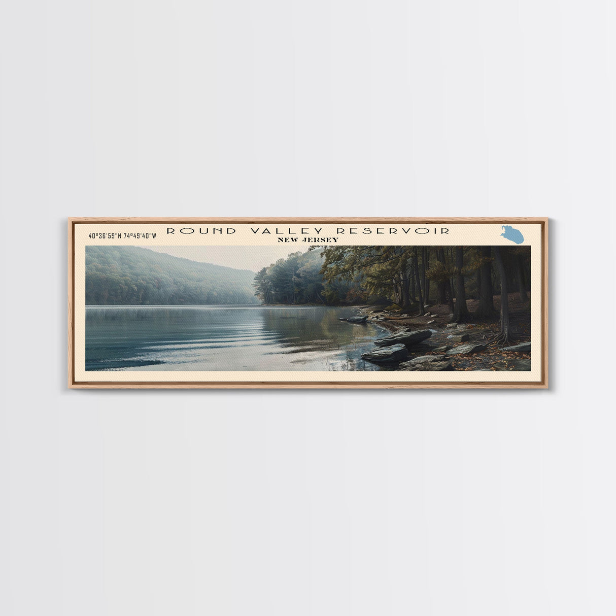 Round Valley Reservoir New Jersey Framed Canvas Print, Lake House Decor, Panoramic Wall Art, Travel Poster, Tranquil Landscape, Modern Art