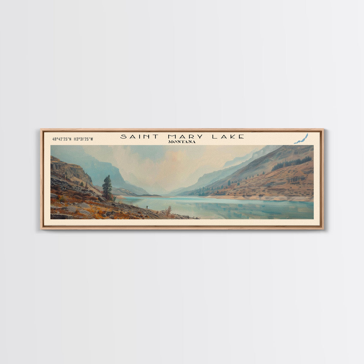 Saint Mary Lake Montana Framed Canvas Print, Lake House Decor, Panoramic Wall Art, Travel Poster, Scenic Lake Painting, Living Room Decor