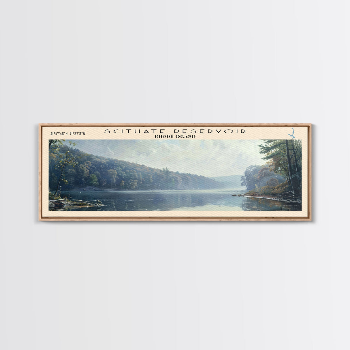 Scituate Reservoir Rhode Island Framed Canvas Print, Lake House Decor, Panoramic Wall Art, Travel Poster, Scenic Landscape Painting, Modern Art