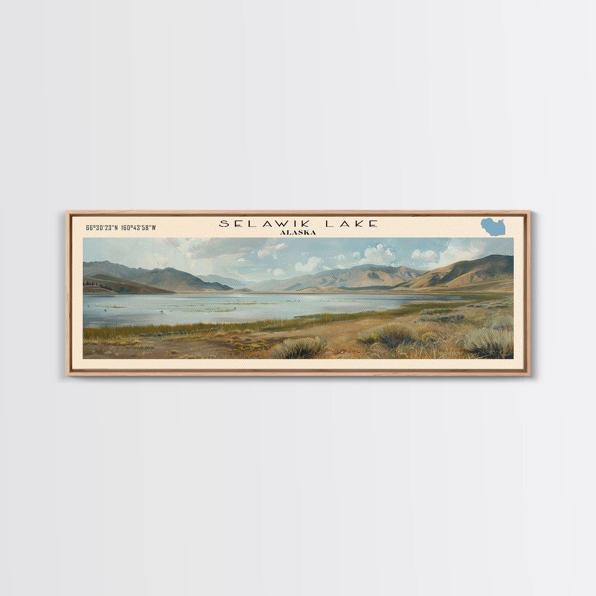 Selawik Lake Framed Canvas Print, Lake House Decor, Panoramic Wall Art, Travel Poster, Beautiful Landscape Painting, Home Decor