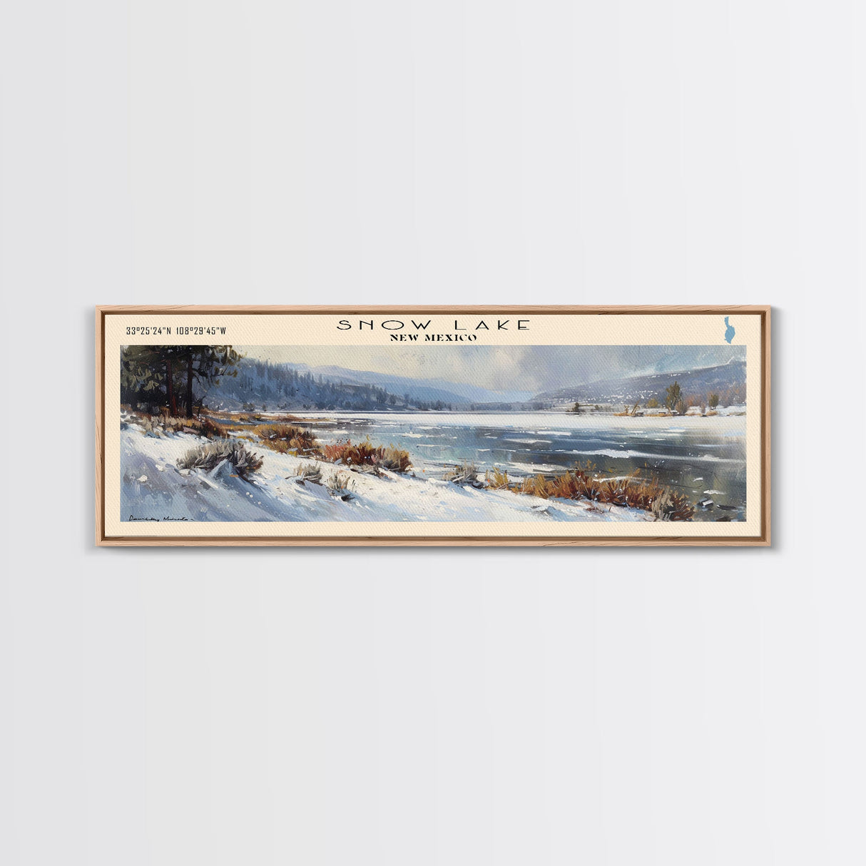 Snow Lake New Mexico Panoramic Framed Canvas Print, Lake House Decor, Wall Art, Travel Poster, Serene Lake Scene, Bedroom Decor