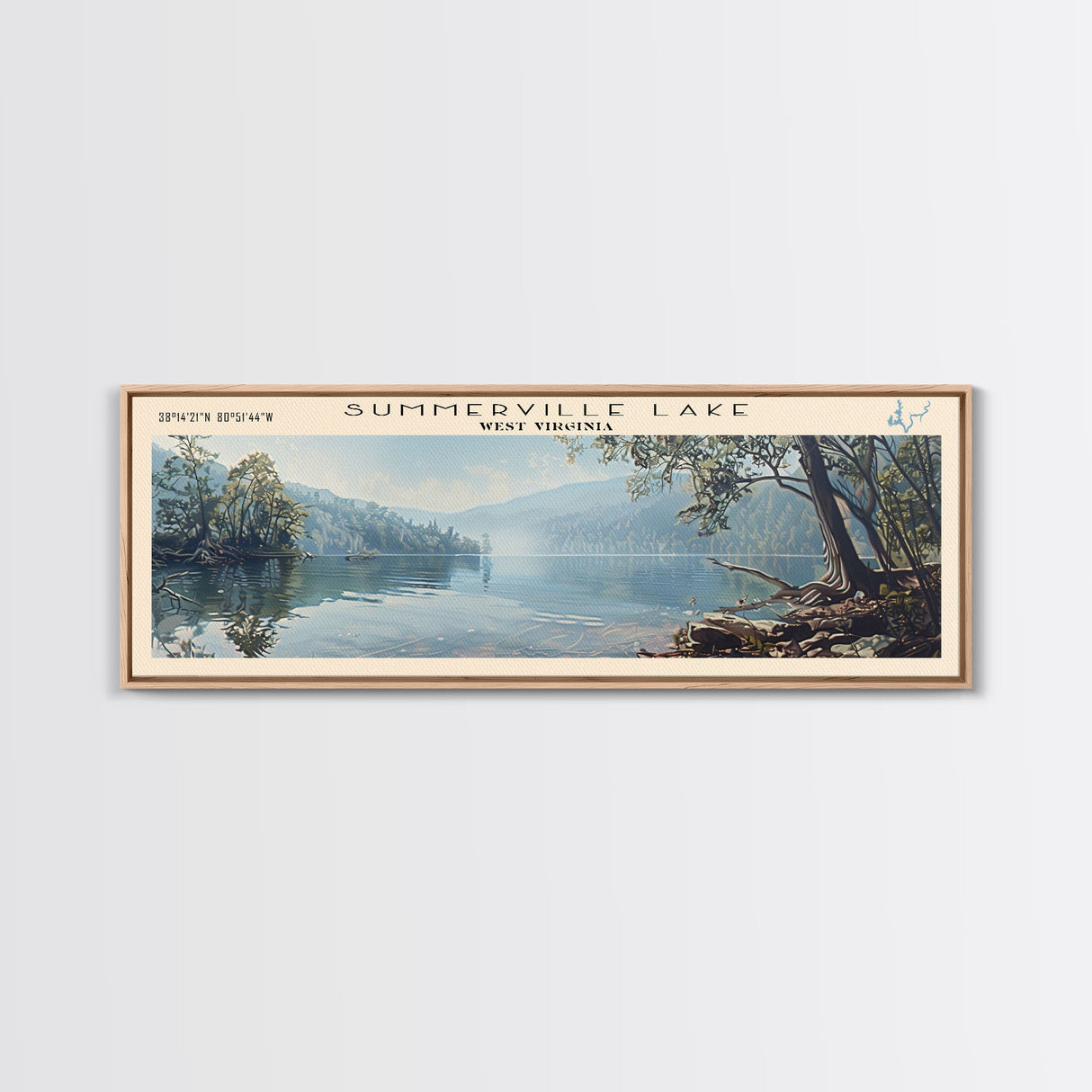 Summerville Lake West Virginia Panoramic Wall Art, Framed Canvas Print, Lake House Decor, Travel Poster, Scenic Lake Painting, Living Room Decor