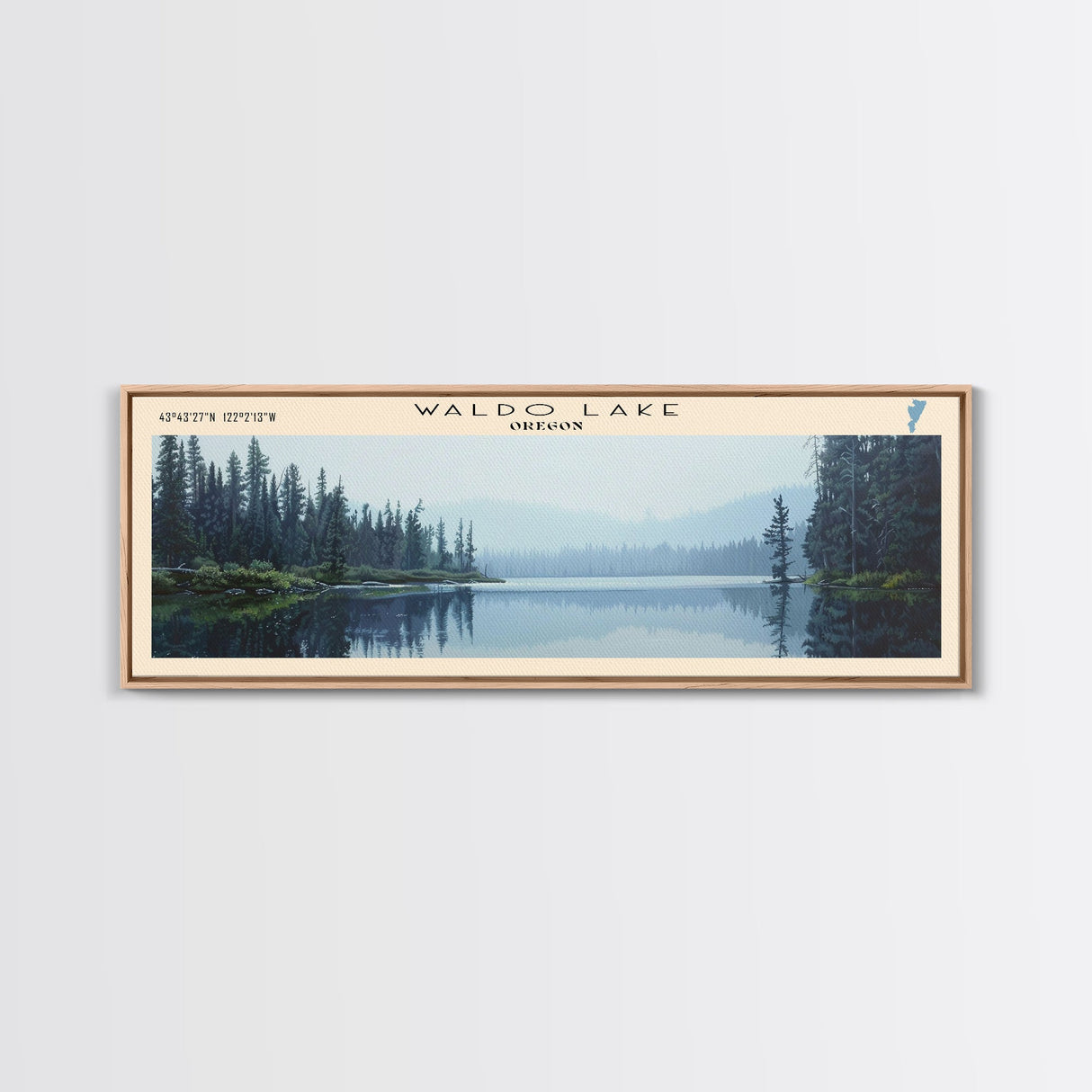 Waldo Lake Oregon Panoramic Wall Art, Framed Canvas Print, Lake House Decor, Travel Poster, Beautiful Lake Scene, Living Room Art