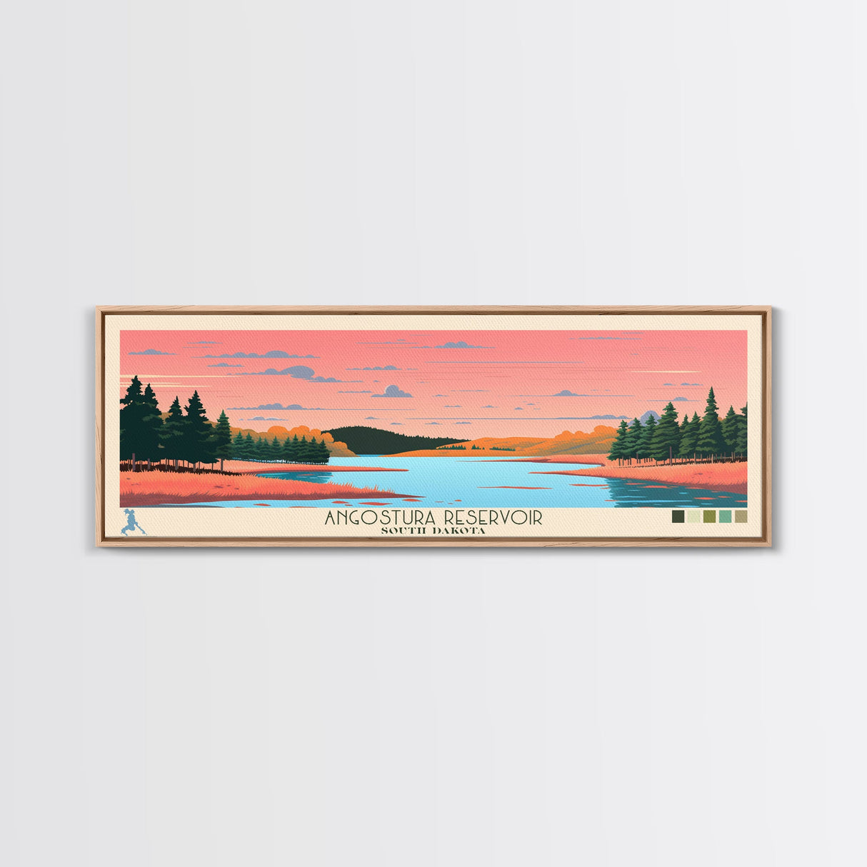 Angostura Reservoir South Dakota Framed Canvas Print, Panoramic Travel Poster, Midcentury Modern Wall Art, Pop Art, Lake House Decor