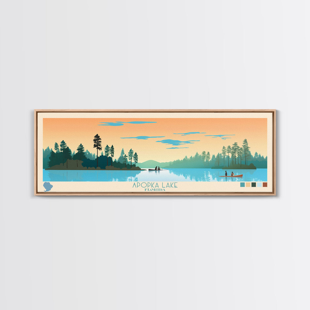 Apopka Lake Florida Framed Canvas Print, Panoramic Travel Poster, Midcentury Modern Wall Art, Pop Art, Nature Living Room Art