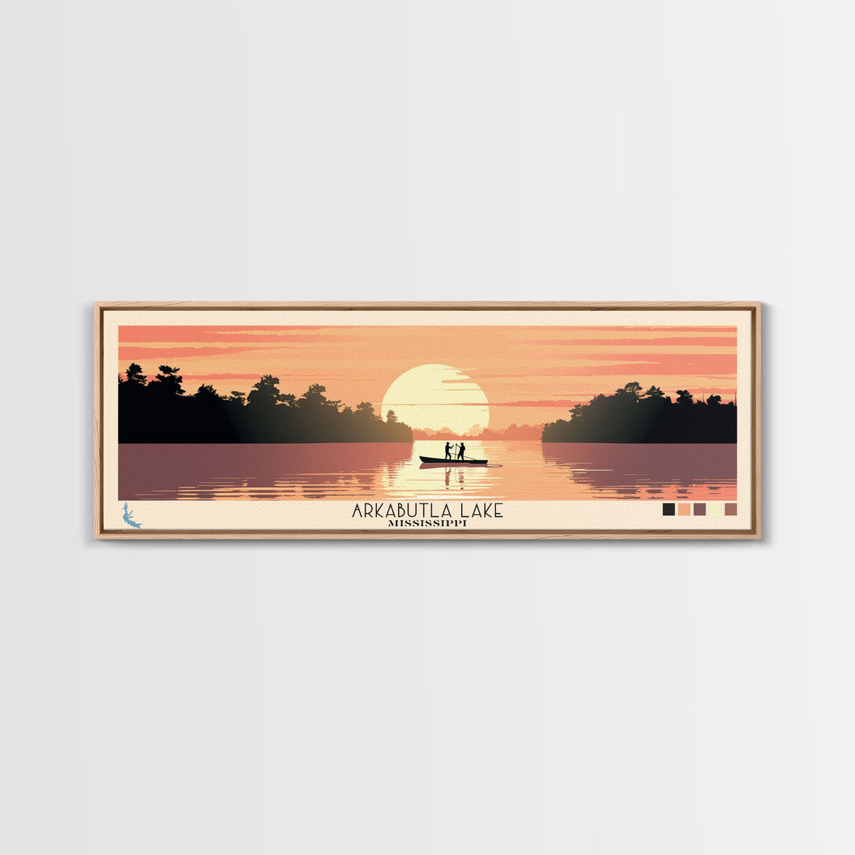 Arkabutla Lake Mississippi Framed Canvas Print, Panoramic Wall Art, Midcentury Modern, Pop Art, Travel Poster, Scenic Lake House Art