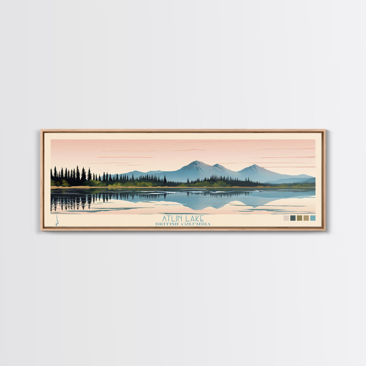 Atlin Lake British Columbia Framed Canvas Print, Panoramic Travel Poster, Midcentury Modern Wall Art, Pop Art, Bedroom Decor