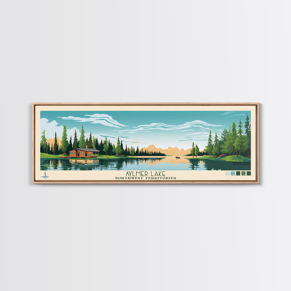 Aylmer Lake Northwest Territories Framed Canvas Print, Panoramic Travel Poster, Midcentury Modern Wall Art, Pop Art, Lake House Decor