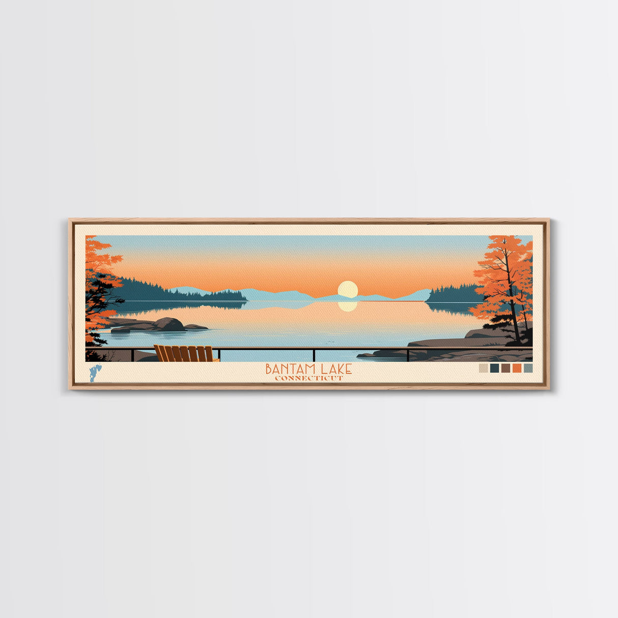 Bantam Lake Connecticut Framed Canvas Print, Panoramic Wall Art, Midcentury Modern, Pop Art, Travel Poster, Scenic Living Room Art