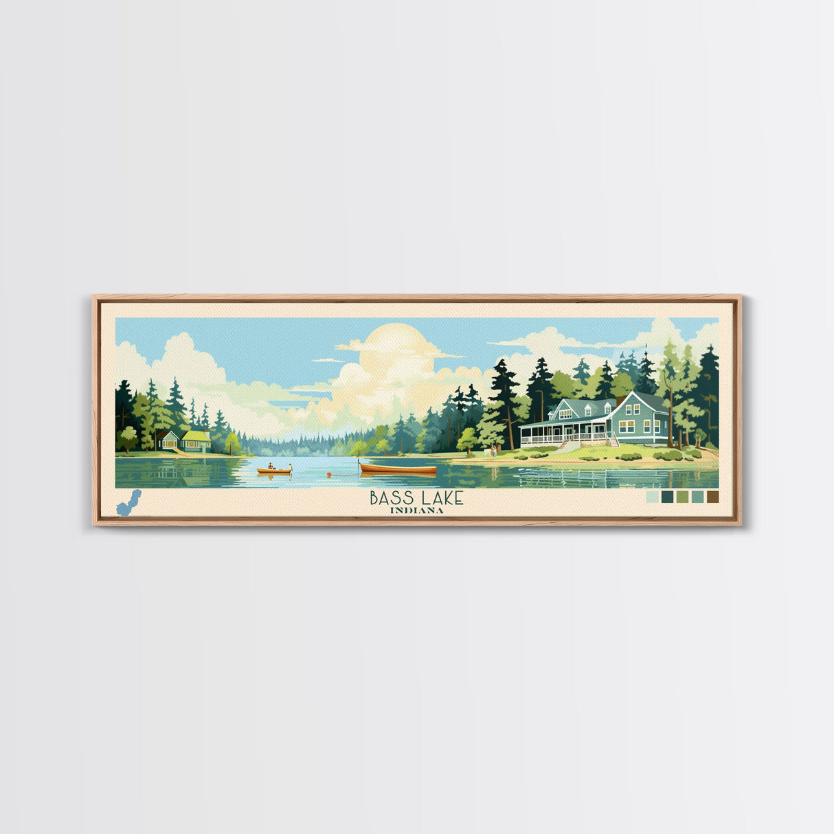 Bass Lake Indiana Framed Canvas Print, Panoramic Travel Poster, Midcentury Modern Wall Art, Pop Art, Nature Bedroom Decor, Lake House Art, Scenic Lake House