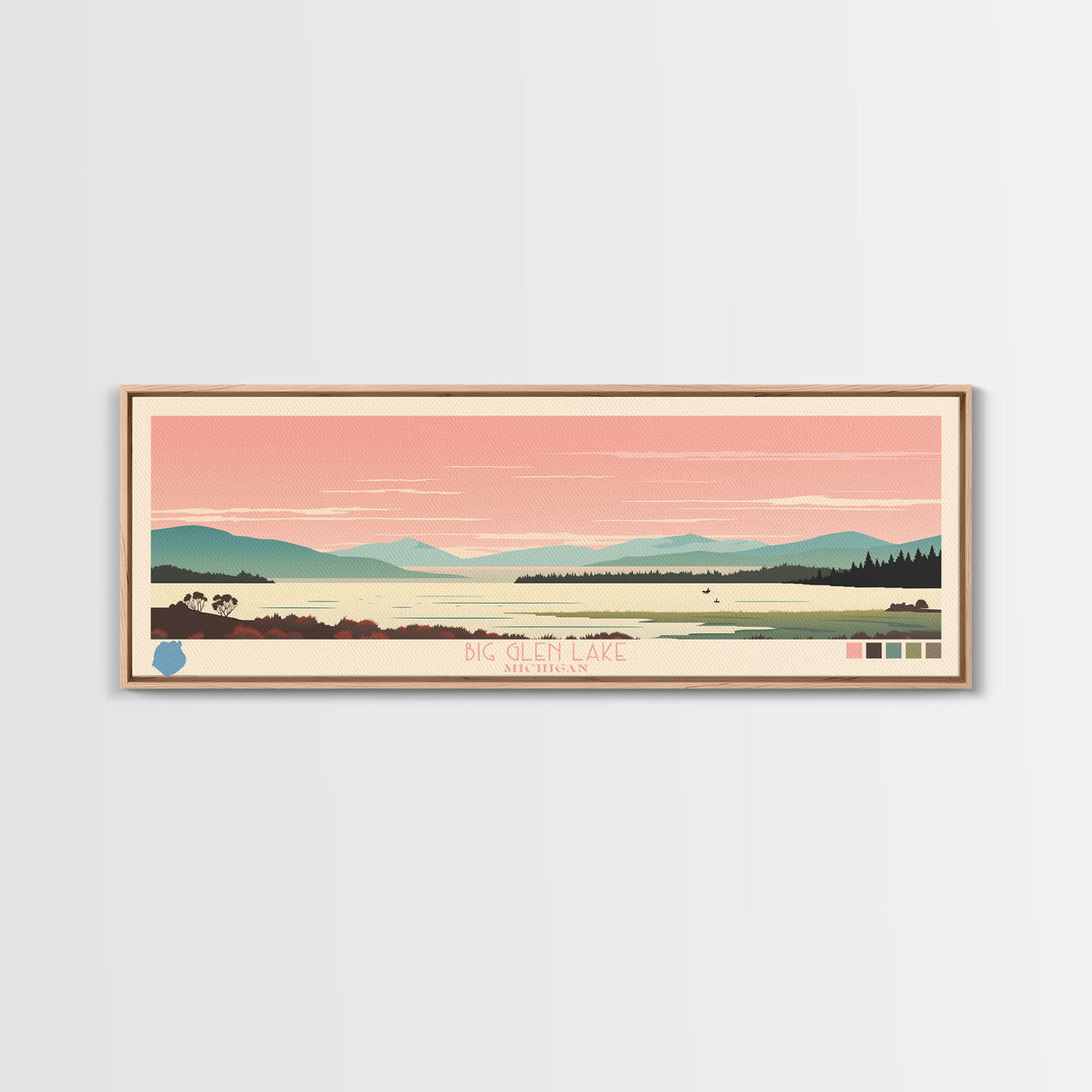 Big Glen Lake Michigan Framed Canvas Print, Panoramic Wall Art, Midcentury Modern, Pop Art, Travel Poster, Scenic Living Room Decor, Bedroom Art