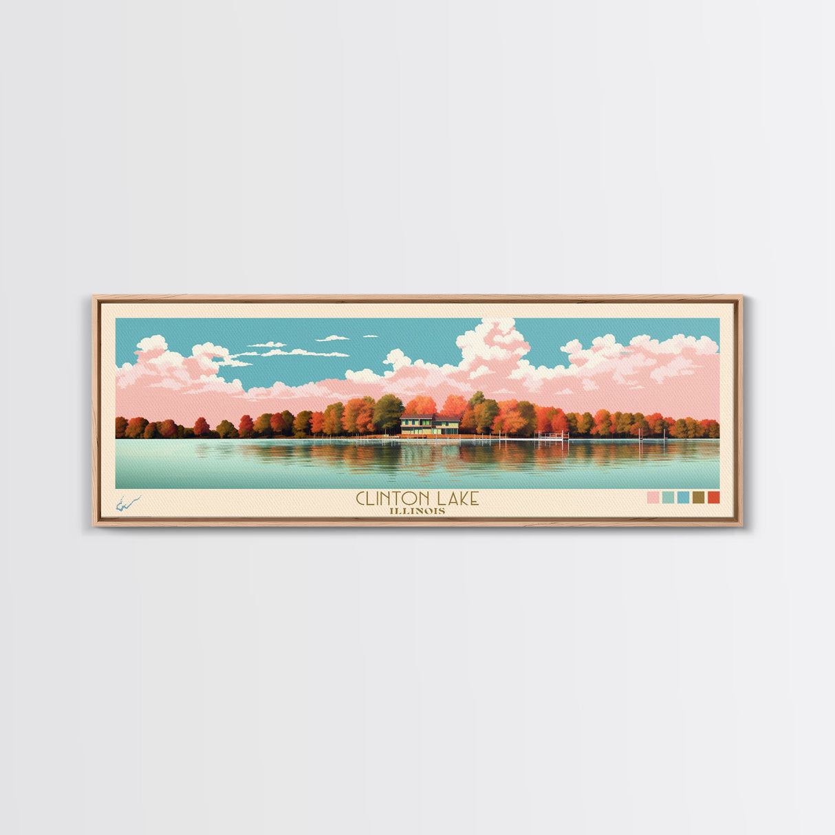 Clinton Lake Illinois Framed Canvas Print, Midcentury Modern Panoramic Wall Art, Living Room Decor, Pop Art, Travel Poster Art, Scenic Nature Painting, Lake House Decor