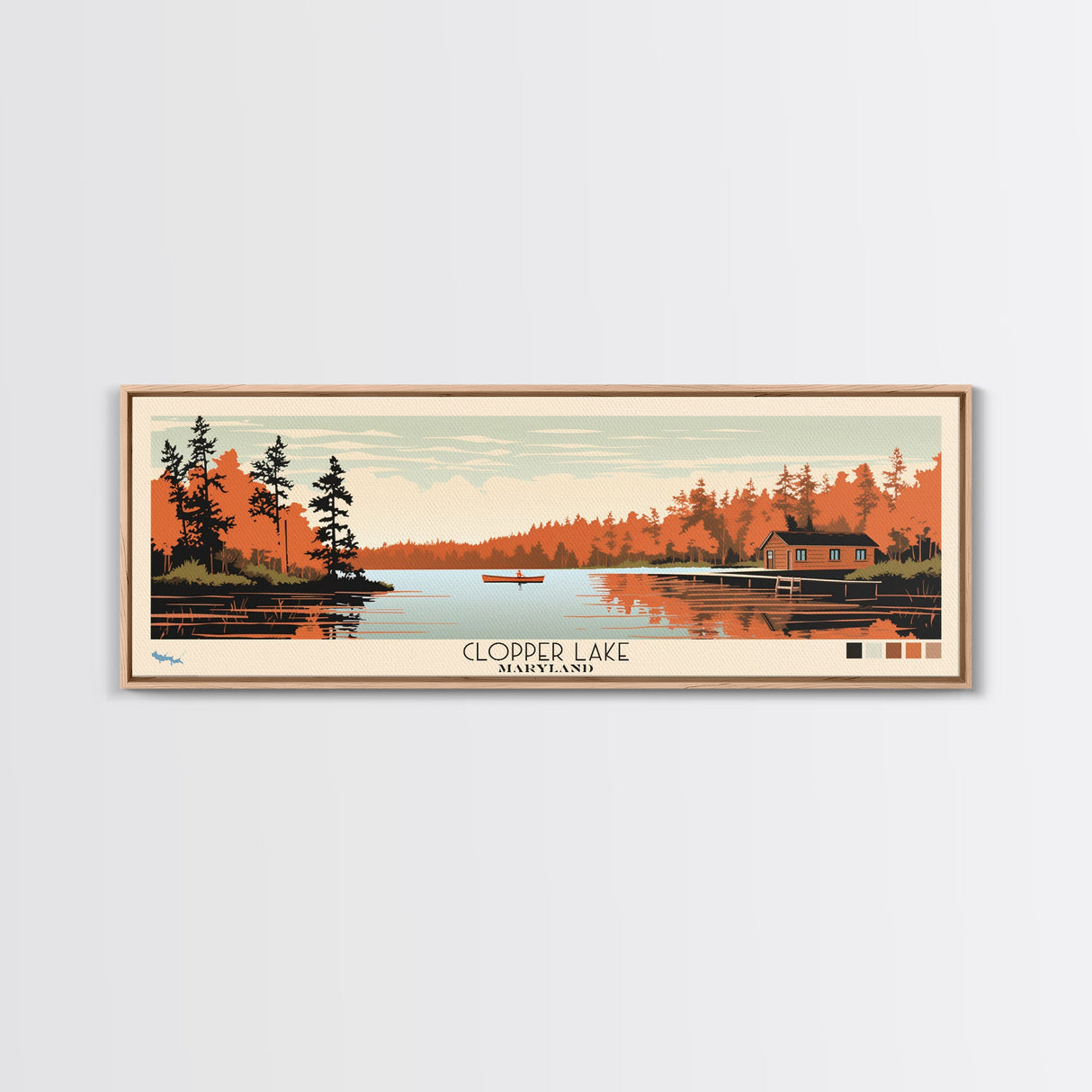 Clopper Lake Maryland Framed Canvas Print, Pop Art Panoramic Travel Poster, Midcentury Modern, Wall Art, Scenic Nature Painting, Bedroom Decor, Living Room Art