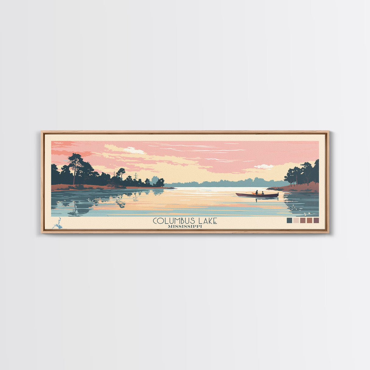 Columbus Lake Mississippi Framed Canvas Print, Midcentury Modern Panoramic Wall Art, Living Room Decor, Pop Art, Travel Poster Art, Scenic Nature Painting