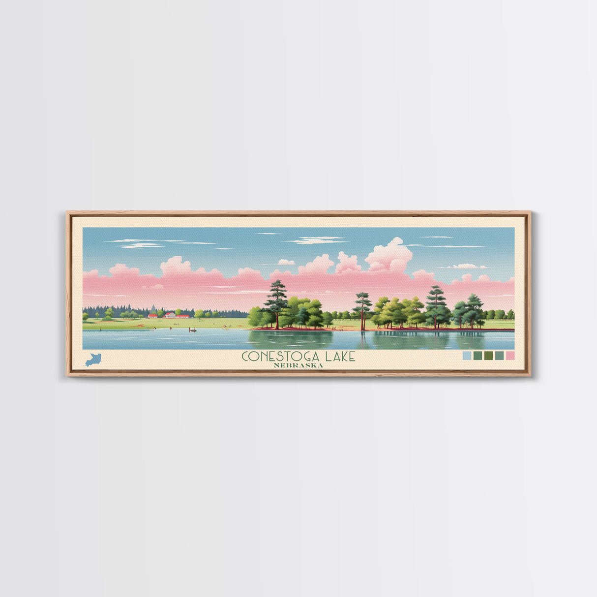 Conestoga Lake Nebraska Framed Canvas Print, Pop Art Panoramic Travel Poster, Midcentury Modern, Wall Art, Scenic Nature Painting, Bedroom Decor, Living Room Art