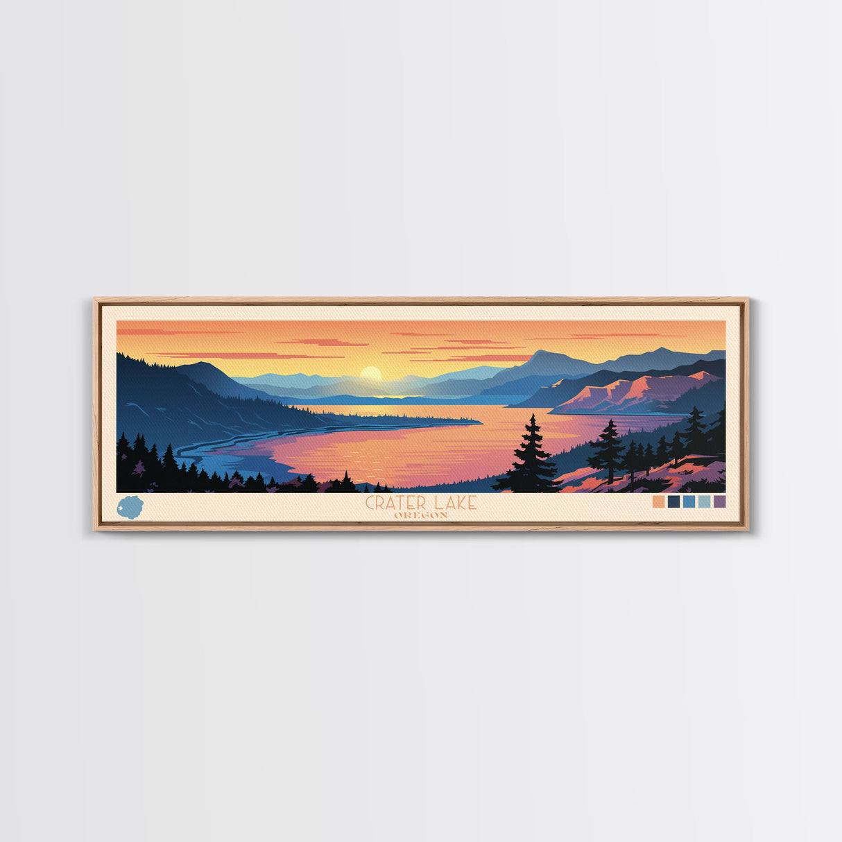 Crater Lake Oregon Framed Canvas Print, Pop Art Panoramic Travel Poster, Midcentury Modern, Wall Art, Scenic Nature Painting, Bedroom Decor, Living Room Art