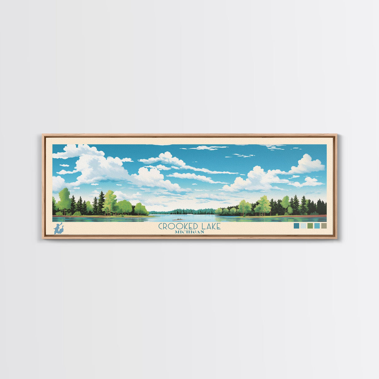 Crooked Lake Michigan Framed Canvas Print, Pop Art Panoramic Travel Poster, Midcentury Modern, Wall Art, Scenic Nature Painting, Bedroom Decor, Living Room Art