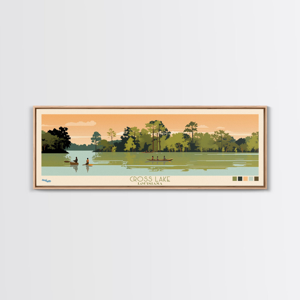 Cross Lake Louisiana Framed Canvas Print, Midcentury Modern Panoramic Wall Art, Living Room Decor, Pop Art, Travel Poster Art, Scenic Nature Painting, Lake House Decor