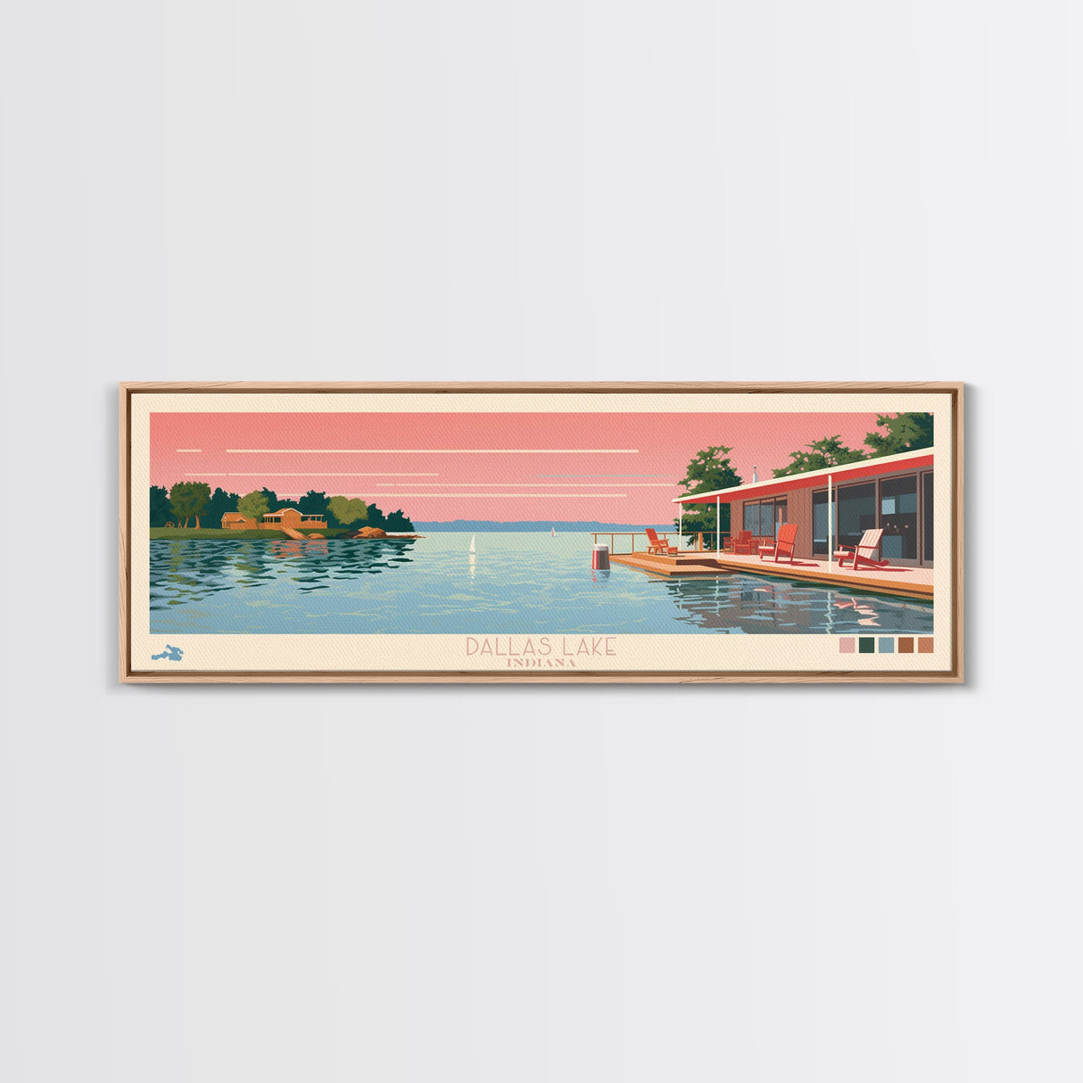 Dallas Lake Indiana Framed Canvas Print, Midcentury Modern Panoramic Wall Art, Bedroom Decor, Pop Art, Travel Poster Art, Scenic Nature Painting