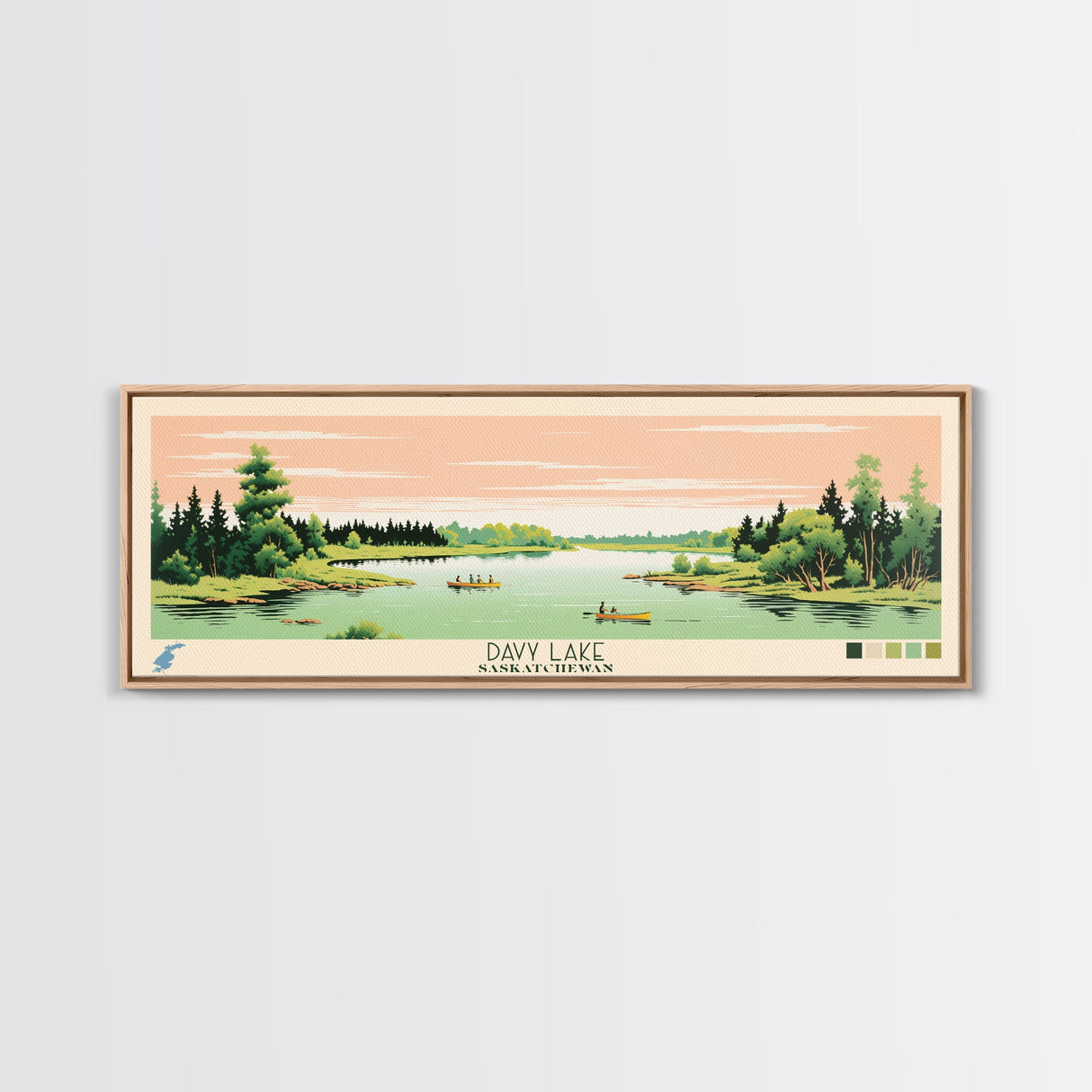 Davy Lake Saskatchewan Framed Canvas Print, Midcentury Modern Panoramic Wall Art, Living Room Decor, Pop Art, Travel Poster Art, Scenic Nature Painting