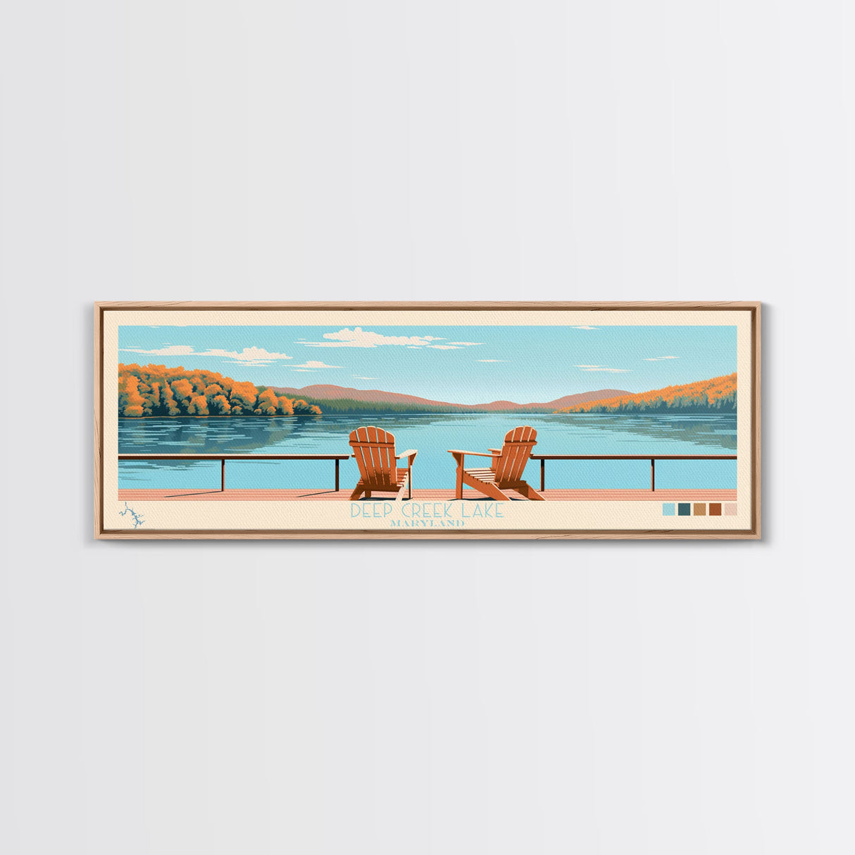 Deep Creek Lake Maryland Framed Canvas Print, Midcentury Modern Panoramic Wall Art, Living Room Decor, Pop Art, Travel Poster Art, Scenic Nature Painting