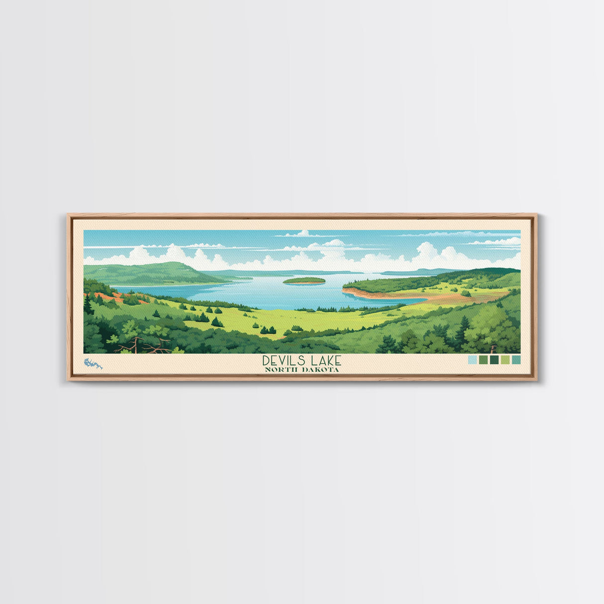 Devils Lake North Dakota Framed Canvas Print, Midcentury Modern Panoramic Wall Art, Living Room Decor, Pop Art, Travel Poster Art, Scenic Nature Painting