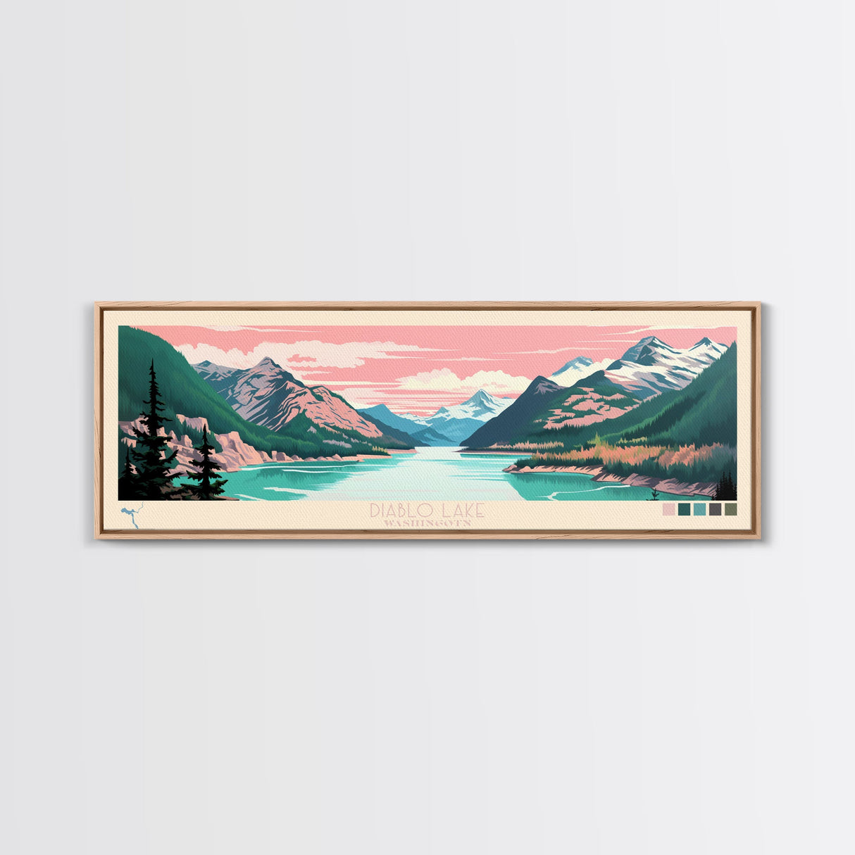 Diablo Lake Washington Framed Canvas Print, Midcentury Modern Panoramic Wall Art, Bedroom Decor, Pop Art, Travel Poster Art, Scenic Nature Painting