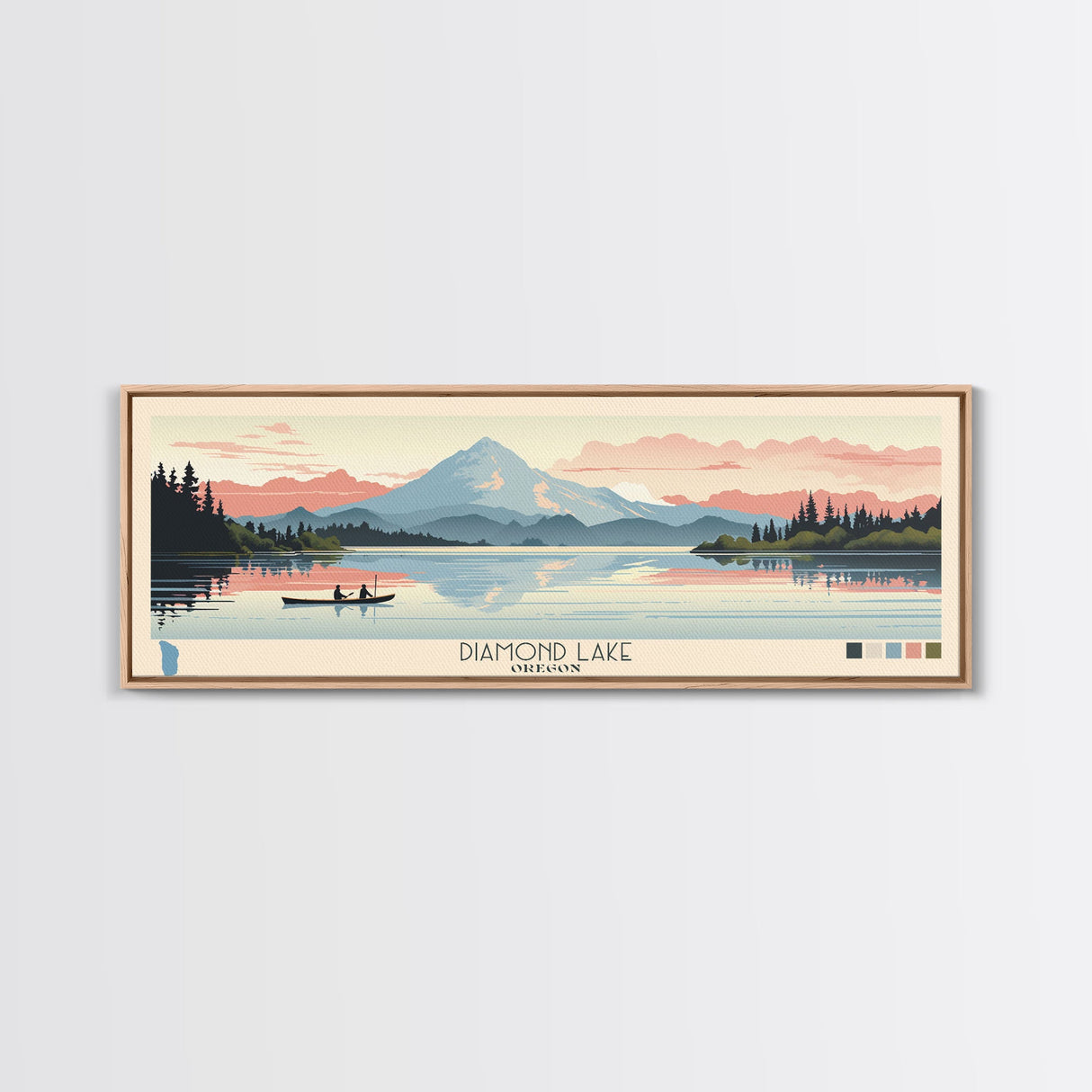 Diamond Lake Oregon Framed Canvas Print, Midcentury Modern Panoramic Wall Art, Bedroom Decor, Pop Art, Travel Poster Art, Scenic Nature Painting