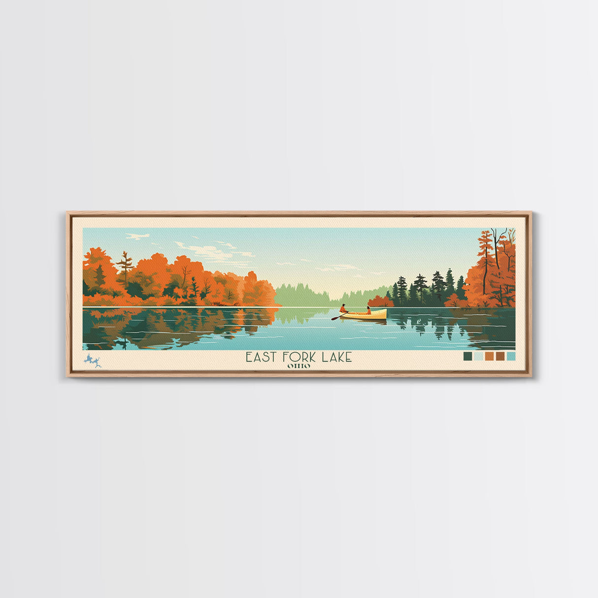 East Fork Lake Ohio Framed Canvas Print, Panoramic Wall Art, Midcentury Modern, Pop Art, Bedroom Decor, Travel Poster, Artistic Lake Painting