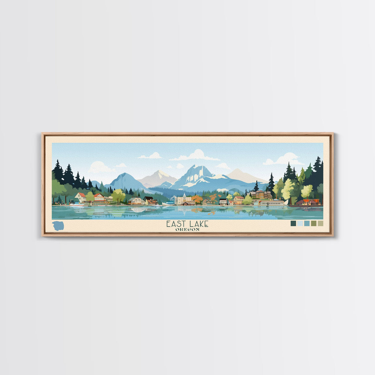 East Lake Oregon Framed Canvas Print, Panoramic Landscape Art, Midcentury Modern, Pop Art, Living Room Wall Art, Travel Poster, Beautiful Nature Art